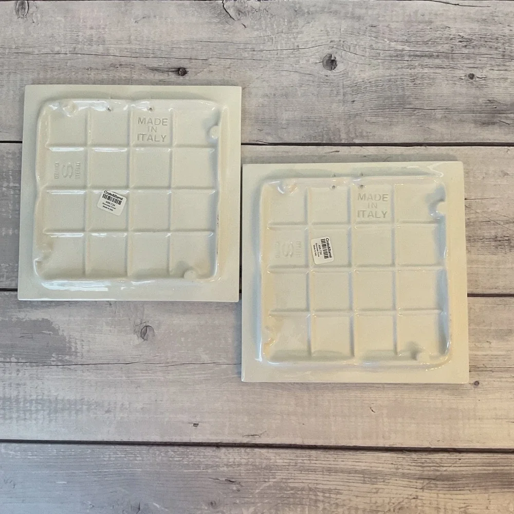 Crate‎ & Barrel Snowman Trivet Set 2 Ceramic 8in Square Italy Stefani Ceramica